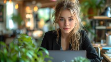 ai gerado jovem mulher dentro uma Preto o negócio terno com uma cinzento computador portátil, dentro a escritório senta às a adicional mesa em que lá é uma planta de casa. moderno escritório dentro luz cores foto