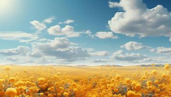 ai gerado vibrante Prado, azul céu, amarelo flores, natureza pitoresco beleza gerado de ai foto