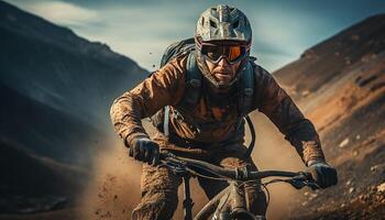 ai gerado 1 pessoa ciclismo ao ar livre, desfrutando a montanha ciclismo aventura gerado de ai foto