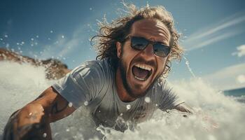 ai gerado 1 homem desfrutando a ao ar livre, sorridente e espirrando dentro água gerado de ai foto