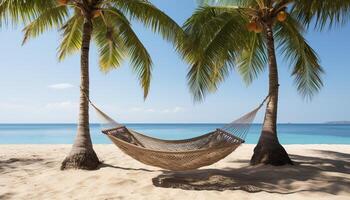 ai gerado relaxamento dentro tropical paraíso azul águas, Palma árvores, tranquilo litoral gerado de ai foto