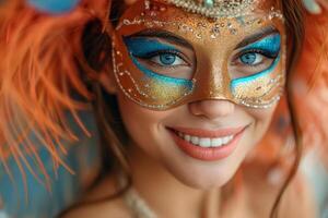 ai gerado retrato do feliz sorridente mulher dentro brilhante carnaval veneziano mascarar em branco fundo foto