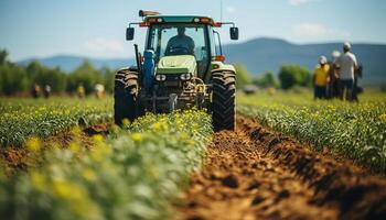 ai gerado agricultores trabalhando dentro a Prado, colheita cultivo com agrícola maquinaria gerado de ai foto