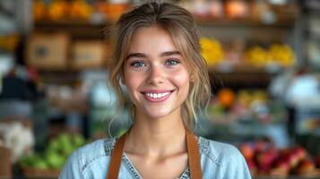 ai gerado cintura comprimento retrato do jovem lindo sorridente mulher dentro fazer compras. ela trabalhando caixa foto