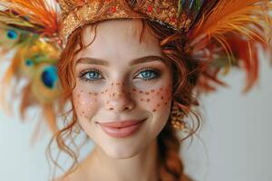 ai gerado retrato do feliz sorridente mulher dentro brilhante carnaval veneziano mascarar em branco fundo foto