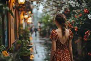 ai gerado lindo jovem mulher vestindo vestir e caminhando em rua dentro Primavera foto