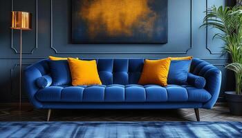 ai gerado à moda casa interior azul sofá e brilhante amarelo almofadas foto