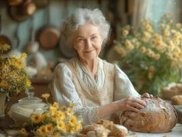 ai gerado idosos mulher com fresco pão dentro iluminado pelo sol quarto foto