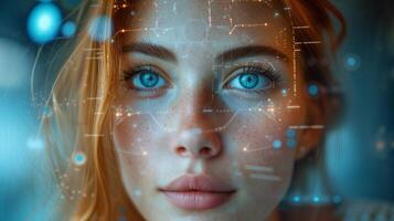 ai gerado futuro interação mulher com neural interface dispositivo explora singularidade foto