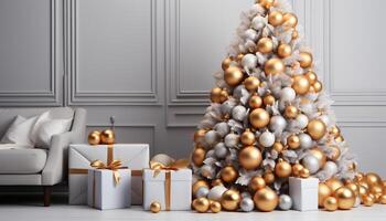 ai gerado moderno Natal árvore decoração iluminado com brilhante ouro enfeites gerado de ai foto
