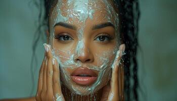 ai gerado fechar-se beleza retrato do de pele clara Preto mulher aplicando argila mascarar foto