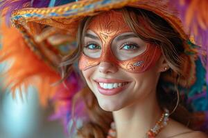 ai gerado retrato do feliz sorridente mulher dentro brilhante carnaval veneziano mascarar em branco fundo foto