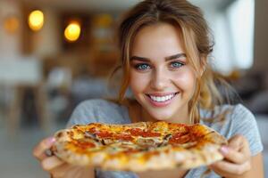 ai gerado jovem lindo mulher com pizza foto