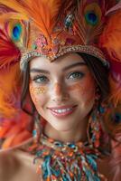 ai gerado retrato do feliz sorridente mulher dentro brilhante carnaval veneziano mascarar em branco fundo foto