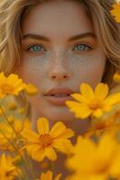 ai gerado jovem caucasiano mulher segurando amarelo flor ramalhete foto