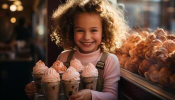 ai gerado sorridente meninas segurando gelo creme, desfrutando infância doce indulgência gerado de ai foto