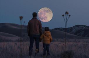 ai gerado pai e filho olhando às Super Lua foto