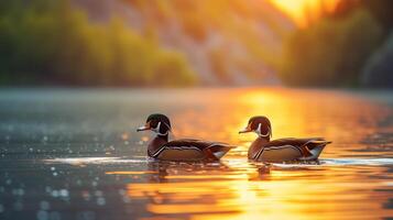 ai gerado dois madeira patos natação pacificamente em uma iluminado dourado lago às pôr do sol. foto