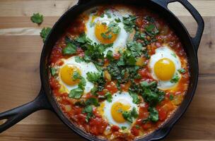 ai gerado Shakshuka em de madeira mesa foto