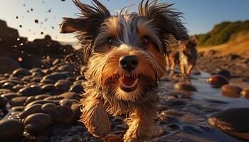 ai gerado fofa terrier cachorro jogando dentro a água, desfrutando a verão gerado de ai foto