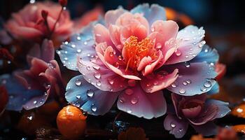 ai gerado frescor do uma molhado Rosa flor cabeça dentro vibrante verde gerado de ai foto