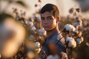 ai gerado jovem agricultor dentro algodão campo foto