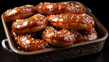 ai gerado recentemente cozido rosquinhas em uma de madeira placa, uma doce tentação gerado de ai foto