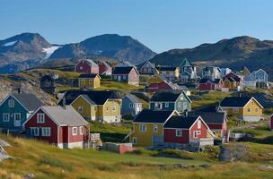 ai gerado colorida casas dentro groenlandês Vila foto