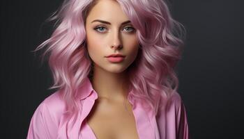 ai gerado lindo jovem mulher com loiro cabelo e Rosa lábios gerado de ai foto