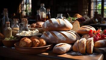 ai gerado recentemente cozido pão em uma rústico mesa, uma saudável caseiro refeição gerado de ai foto