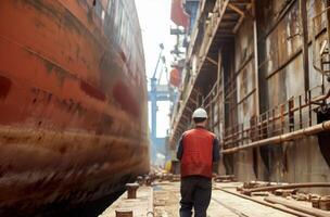 ai gerado navio engenheiro inspecionando embarcação foto