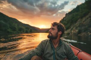 ai gerado caiaque dentro montanha pôr do sol foto