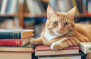 ai gerado gengibre gato descansando em livros foto