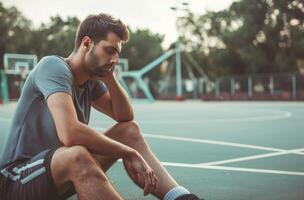 ai gerado contemplativo basquetebol jogador em repouso foto