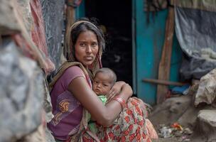 ai gerado mãe e criança dentro favela configuração foto