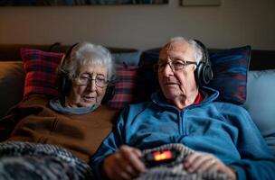 ai gerado idosos desfrutando música às casa foto