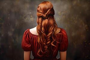 ai gerado vibrante vermelho cabelo mulher escadaria. gerar ai foto