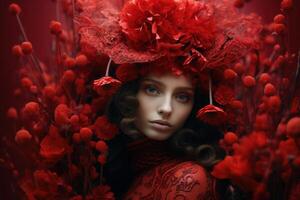 ai gerado majestoso vermelho rainha com floral coroa. gerar ai foto