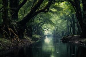 ai gerado tranquilo floresta rio árvores gerar ai foto