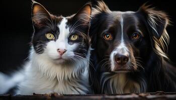 ai gerado fofa cachorro e gatinho sentado junto, encarando às Câmera gerado de ai foto