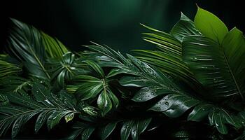ai gerado fresco verde folhas cintilar com orvalho dentro tropical floresta tropical gerado de ai foto