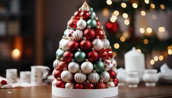 ai gerado Natal árvore brilhando com iluminado enfeites, trazendo alegria dentro de casa gerado de ai foto