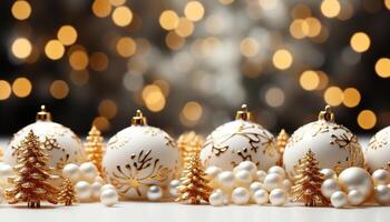 ai gerado brilhando ouro enfeite ilumina Natal árvore dentro Nevado celebração gerado de ai foto