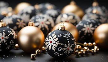 ai gerado Natal enfeite decoração, a comemorar inverno estação com brilhante ouro esfera gerado de ai foto