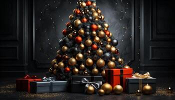 ai gerado Natal árvore decorado com brilhante ouro enfeites e flocos de neve gerado de ai foto