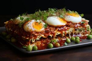 ai gerado ramen lasanha Comida em mesa. gerar ai foto