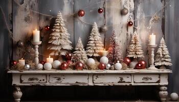 ai gerado acolhedor inverno celebração presente, vela, árvore, brilhante, rústico, família gerado de ai foto