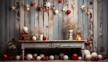 ai gerado rústico madeira mesa adornado com brilhante Natal decorações e presentes gerado de ai foto
