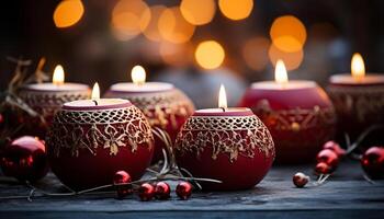 ai gerado inverno celebração brilhando luz de velas ilumina a ornamentado Natal decoração gerado de ai foto