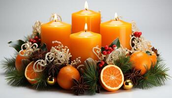 ai gerado inverno celebração luz de velas ilumina vibrante Natal decorações e citrino fruta gerado de ai foto